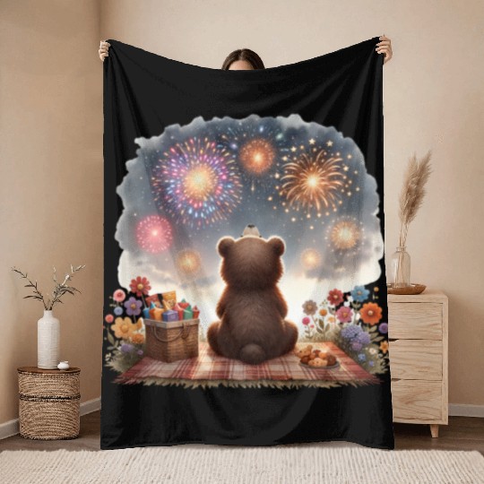 Fireworks Picnic Bear – Night Sky Celebration View Throw Blankets