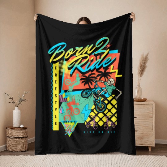 Born 2 Ride - freestyle Bike 90s Retro Design Throw Blankets