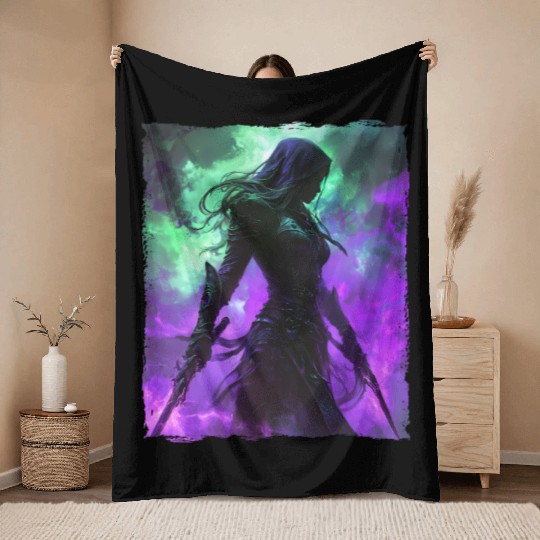 Mystical Assassin Woman In Violet Fog Fantasy Throw Blankets