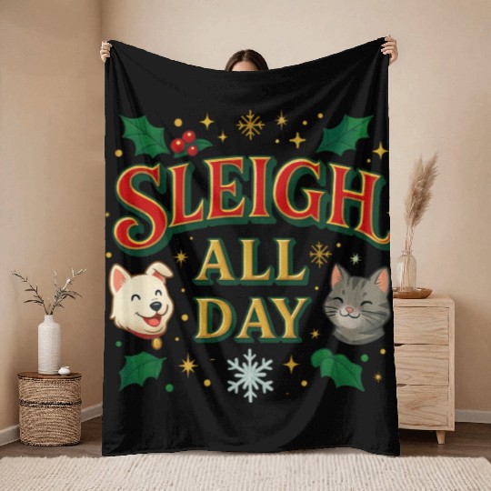 Sleigh All Day – Cute Holiday Pet Edition Throw Blankets