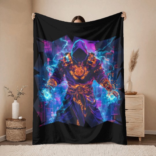 Bright Magician With Energy Aura In Neon Colors Throw Blankets