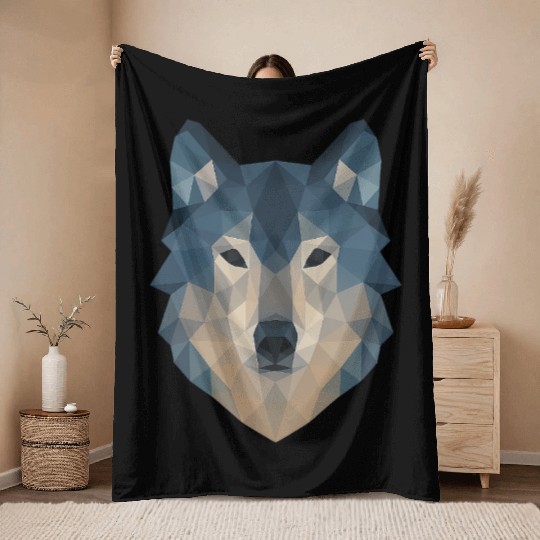 Geometric Wolf Face – Bold Abstract Wild Animal Ar Throw Blankets