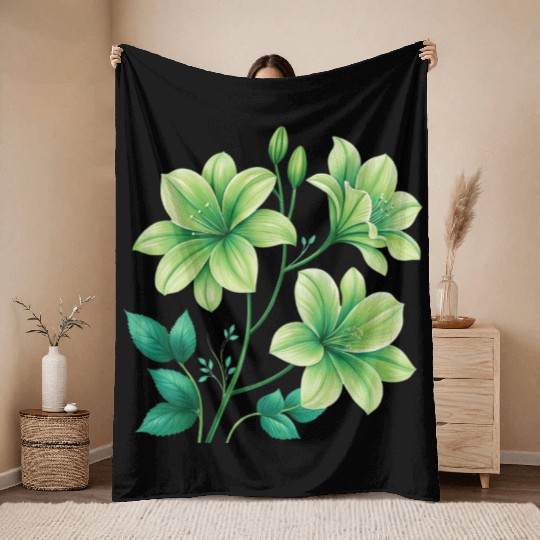 Green Lilies Floral Design Throw Blankets