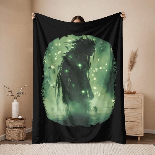 Swamp Demon with Glowing Aura and Haunt Magic Throw Blankets