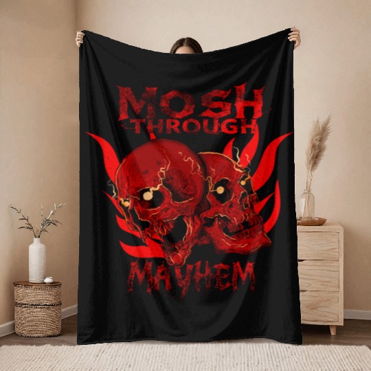 Mosh Through Mayhem Skull Design Throw Blankets