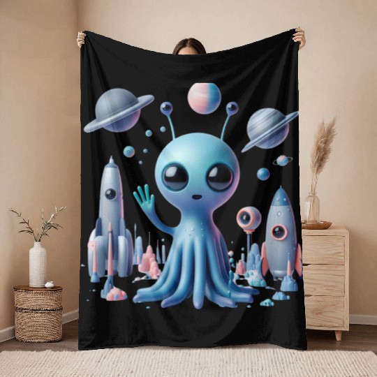 Cosmic Hello: Alien’s Friendly Greeting Throw Blankets