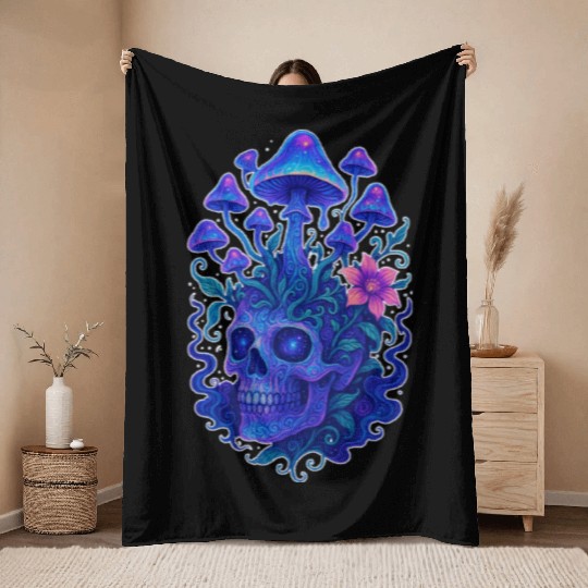 Fungi Mind - Trippy Skull Bloom Throw Blankets