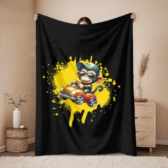 Playful Monkey Driving Toy Car Throw Blankets