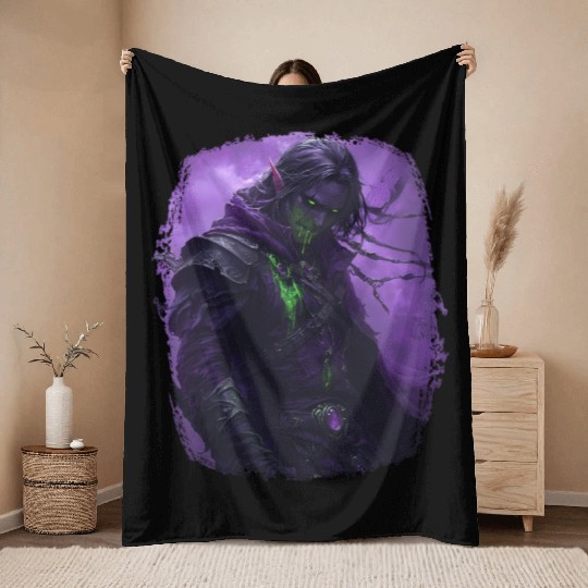 Dark Elf with Poison Magic and Purple Shadow Power Throw Blankets
