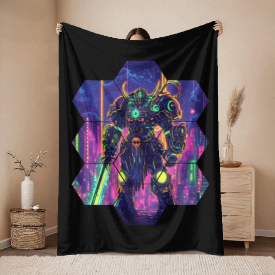 Bright Sci Fi Warrior In Neon Colors Throw Blankets