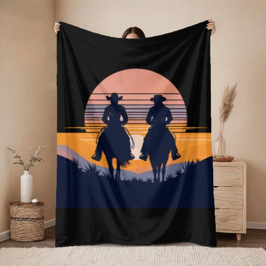Western Sunset Silhouettes Throw Blankets