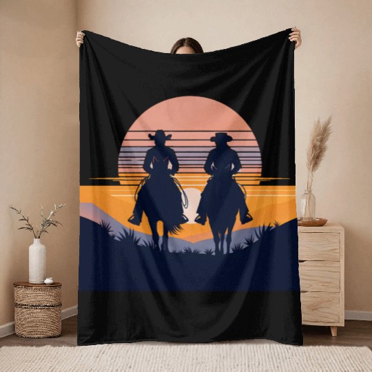 Western Sunset Silhouettes Throw Blankets