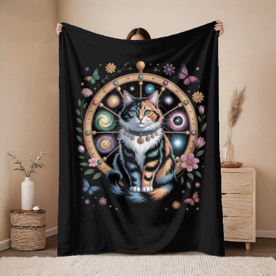 Wheel of Fortune Tarot Cat Art Throw Blankets