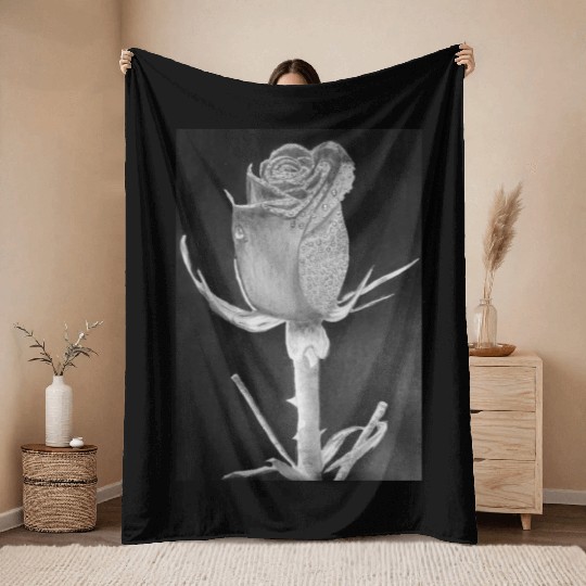 Realistic Graphite Rose & Dew Drawing - RT Art © Throw Blankets