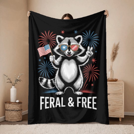 Feral And Free Patriotic Raccoon Throw Blankets