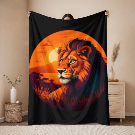 Sunrise Sleeping Lion in Grass Design. Throw Blankets