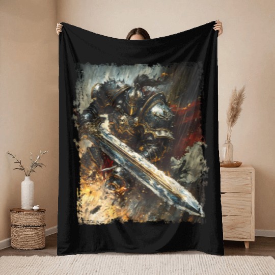 Golden Powerful Knight in Storm with Flaming Sword Throw Blankets