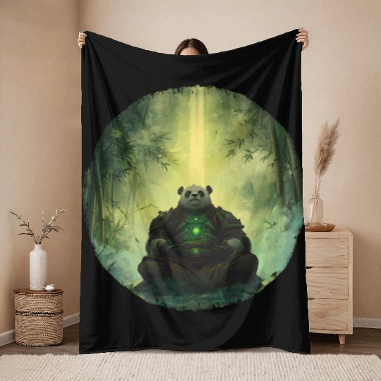 Meditating Panda Monk in a Glowing Bamboo Grove Throw Blankets