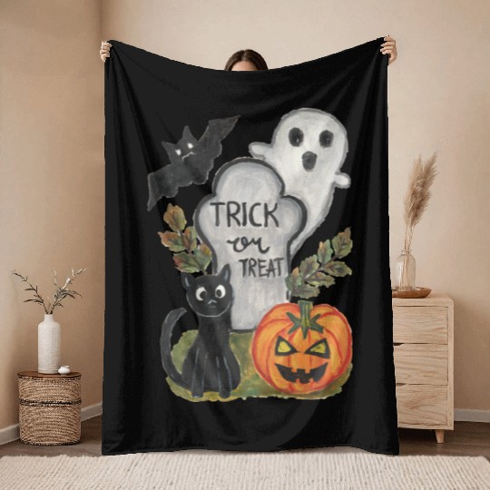 Halloween trick or treat theme watercolor artwork Throw Blankets
