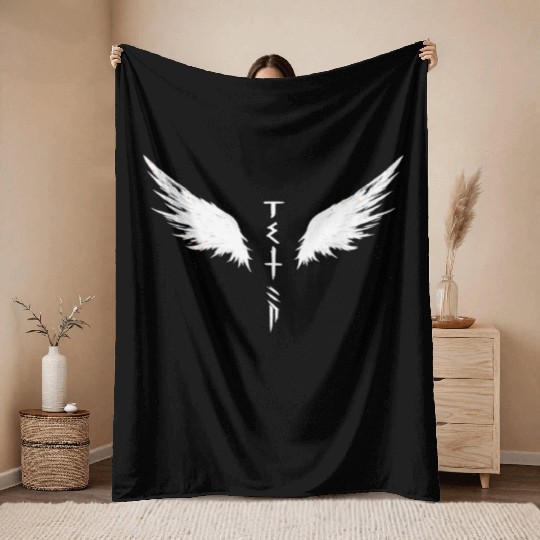 White Angel Wings Symbol with Futuristic Tribal Throw Blankets
