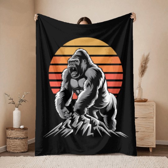 Mighty Gorilla Roaring on Mountain Sunset Throw Blankets