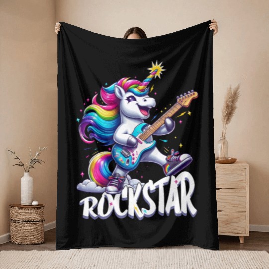 Rockstar Unicorn Playing Rainbow Guitar Throw Blankets