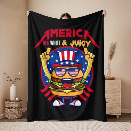 4th Of July Patriotic Red White n Juicy Hamburger Throw Blankets