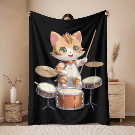 Cat Drummer Throw Blankets