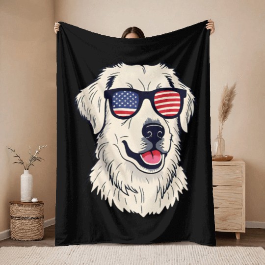 USA Dog Lover - Cool Pup with American Flag Shades Throw Blankets