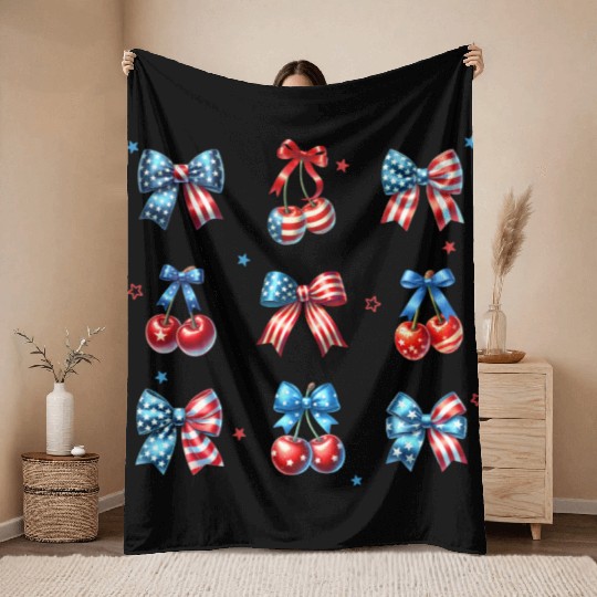 America Cherry Bow 4th of July Throw Blankets