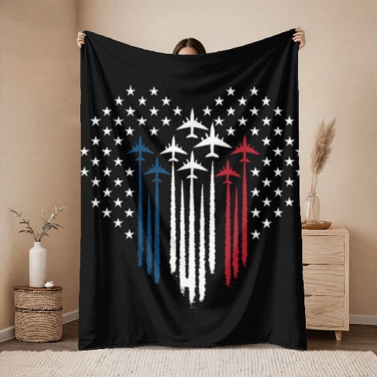 Fighter Jet Airplane USA Flag Heart Throw Blankets