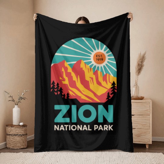 Zion National Park Retro Sunset Art Throw Blankets