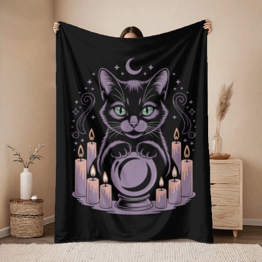 Witchy Cat with Crystal Ball and Candles Throw Blankets