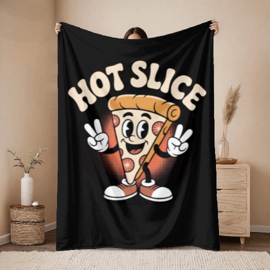 Hot Slice Pizza Retro Cartoon Throw Blankets