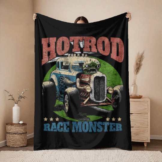 Hot Rod Monster Retro Race Throw Blankets