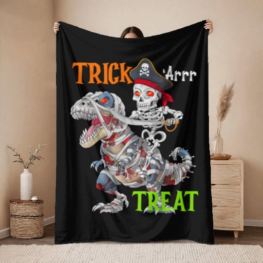 Halloween Mummy T rex Pirate Skeleton Trick Treat Throw Blankets