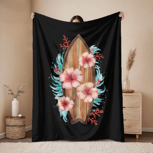 Hawaiian Surfer Surfing Beach Surfboard Hibiscus Throw Blankets
