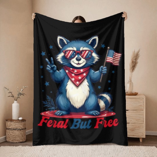 Feral But Free Funny Patriotic Raccoon 4th of july Throw Blankets