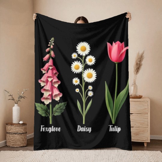 Foxglove Daisy Tulip Vintage Botanical Flowers Throw Blankets