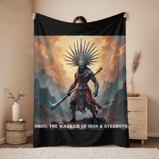 Ogun: The Warrior of Iron and Strength Throw Blankets