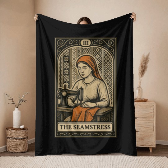 The Seamstress — Vintage Sewing Tarot Card Design Throw Blankets