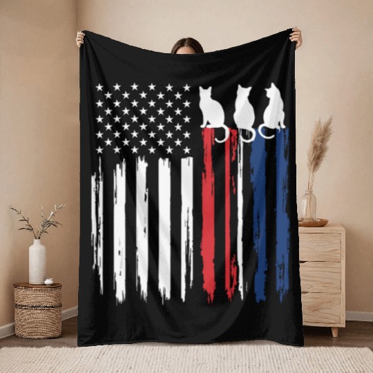 Patriotic Cat Lover - American Flag with Cat Silho Throw Blankets