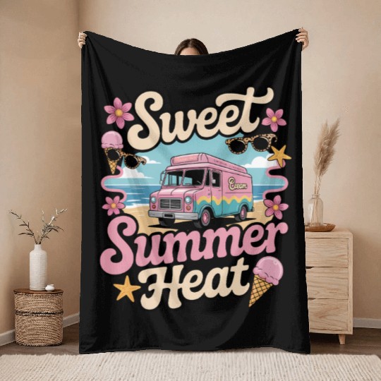 Sweet Summer Heat Ice Cream Truck Beach Fun Throw Blankets