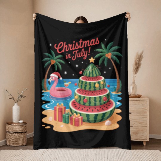 Christmas In July Watermelon Xmas Tree Santa Throw Blankets