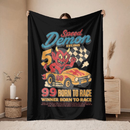 Street Speed Demon – Retro Devil Racer Throw Blankets