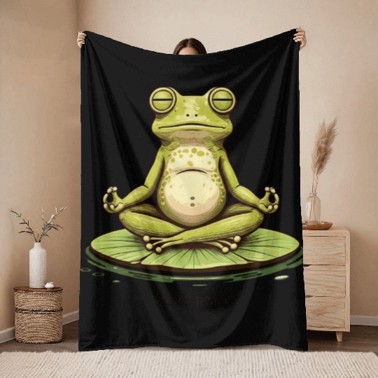 Funny Zen Frog Meditating on Lily Pad – Yoga Throw Blankets