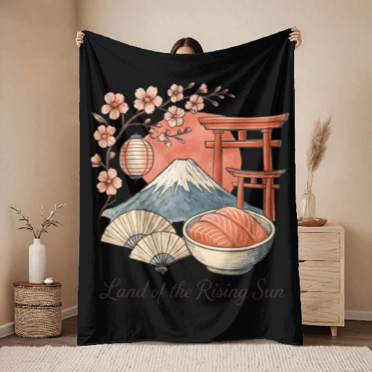 Japan Culture - Mount Fuji & Sakura Vintage Art Throw Blankets