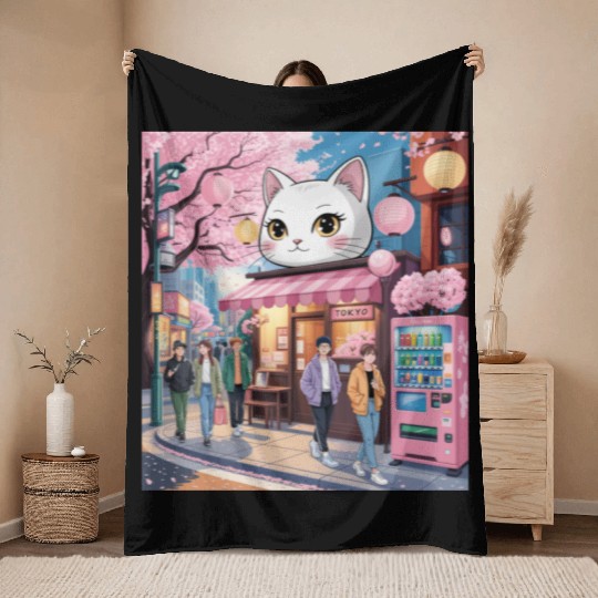 Tokyo Sakura Stroll – Cute Girl Under Cherry Bloss Throw Blankets