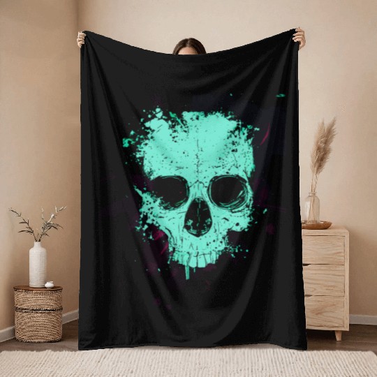 Neon Splatter Skull Throw Blankets