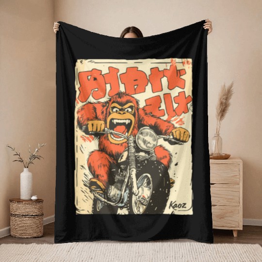 Monkey Mayhem – Vintage Ape on a Motorcycle Throw Blankets